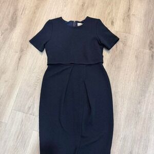 ASOS Navy Textured Sheath Pencil Dress US 10 Short Sleeve Textured Stretch